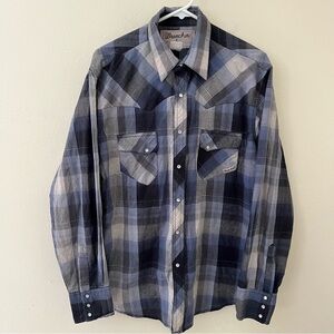 Vintage Wrangler Wrancher Blue Plaid Pearl Snap Western Long Sleeve Shirt Sz L